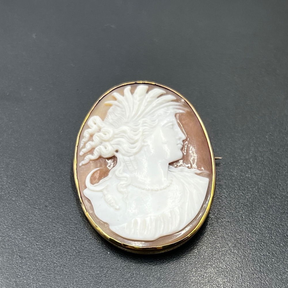 Vintage Victorian 10k Gold Hand Carved Female Profile Relief Shell Cameo Brooch